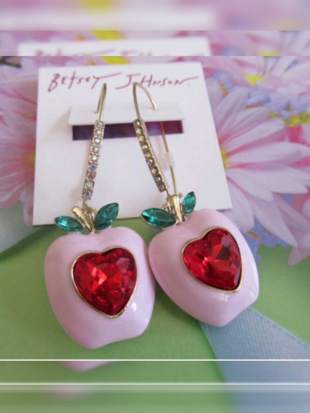 Betsey Johnson Pink Apple Earrings with Red Heart Crystals